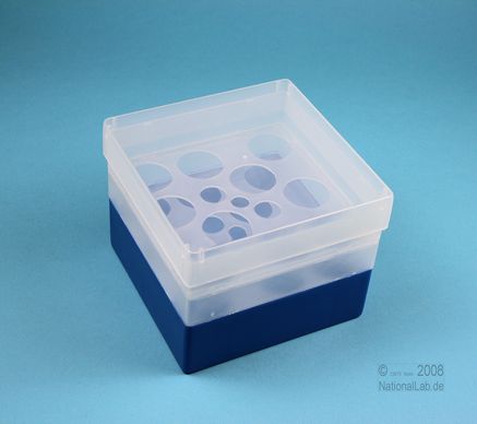 Kunststoffboxen EPPi Box, 96mm, blau, mit Deckel fuer 105mm Gesamthoehe, mit 10 Kreisloechern